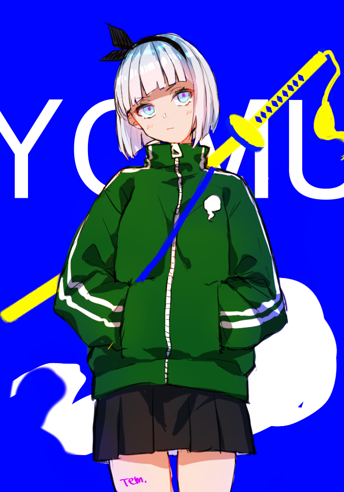 alternate_costume background_text black_skirt blue_background blue_eyes blunt_ends character_name colorful double_vertical_stripe expressionless eyebrows_visible_through_hair ghost green_jacket hairband hands_in_pocket head_tilt jacket katana konpaku_youmu konpaku_youmu_(ghost) long_sleeves looking_at_viewer miniskirt pleated_skirt short_hair silver_hair skirt solo standing sword temu_(tem27) touhou track_jacket very_short_hair weapon zipper zipper_pull_tab