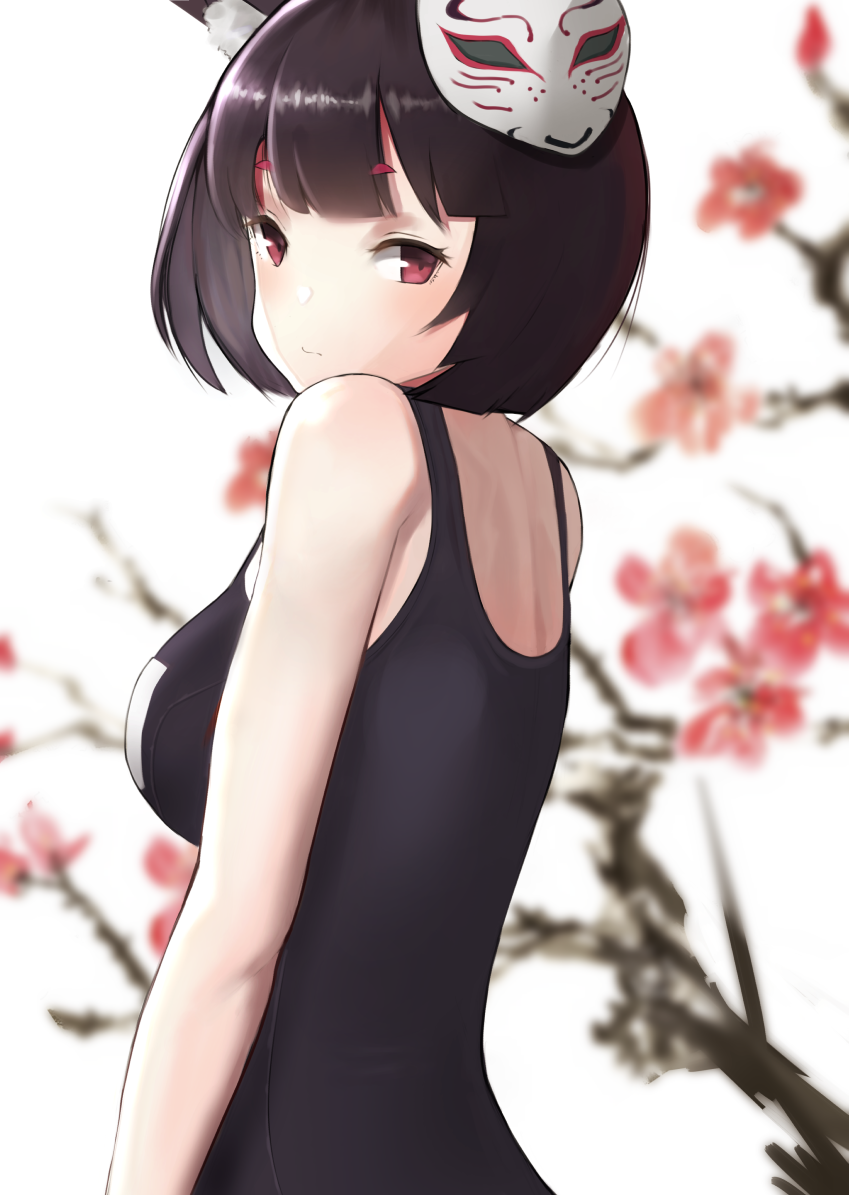 ace34941531 animal_ear_fluff animal_ears arms_at_sides azur_lane back bangs bare_arms bare_shoulders black_hair black_swimsuit blunt_bangs blurry blurry_background blush bob_cut breasts cat_ears cherry_blossoms closed_mouth commentary depth_of_field flower fox_mask from_side hikimayu looking_at_viewer looking_back looking_to_the_side mask mask_on_head medium_breasts name_tag old_school_swimsuit one-piece_swimsuit red_eyes red_flower school_swimsuit short_hair solo swimsuit tree_branch upper_body white_background yamashiro_(azur_lane)
