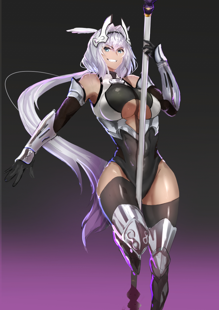 animal_ears armored_boots bangs bare_shoulders black_background blue_eyes boots breasts caenis_(fate) center_opening cleavage commentary_request dark_skin elbow_gloves fate/grand_order fate_(series) fishnet_armwear fishnet_fabric gauntlets gloves gradient gradient_background grin hair_intakes hairband headgear jikihatiman large_breasts leotard long_hair looking_at_viewer navel polearm purple_background smile solo taimanin_(series) taimanin_suit thighhighs underboob weapon white_hair