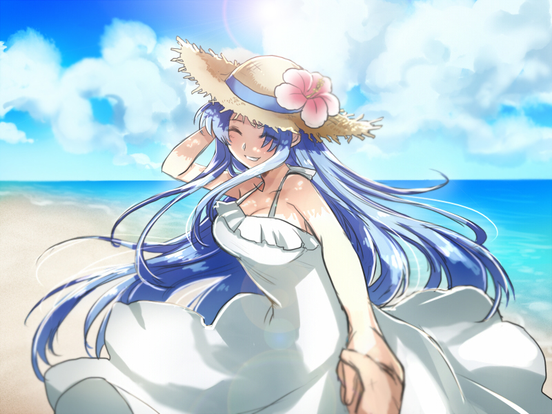 bare_shoulders beach blue_hair breasts chidori_kaname cleavage closed_eyes cloud cloudy_sky cowboy_shot day dress flower fukurou_(hukirou) full_metal_panic! hat hat_flower holding_hands long_hair looking_at_viewer medium_breasts ocean out_of_frame pov pov_hands sky sleeveless smile solo_focus straw_hat sun sun_hat white_dress