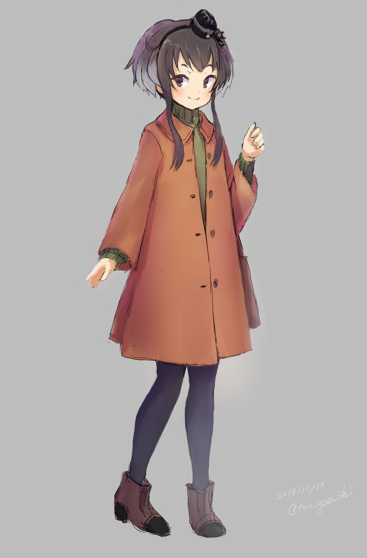 alternate_costume black_hair black_legwear boots brown_coat brown_eyes brown_footwear coat dress full_body gradient_hair green_dress grey_background hat highres kantai_collection karashi_(tou_gara_shi) looking_at_viewer mini_hat multicolored_hair pantyhose short_hair short_hair_with_long_locks sidelocks simple_background smile solo tokitsukaze_(kantai_collection)