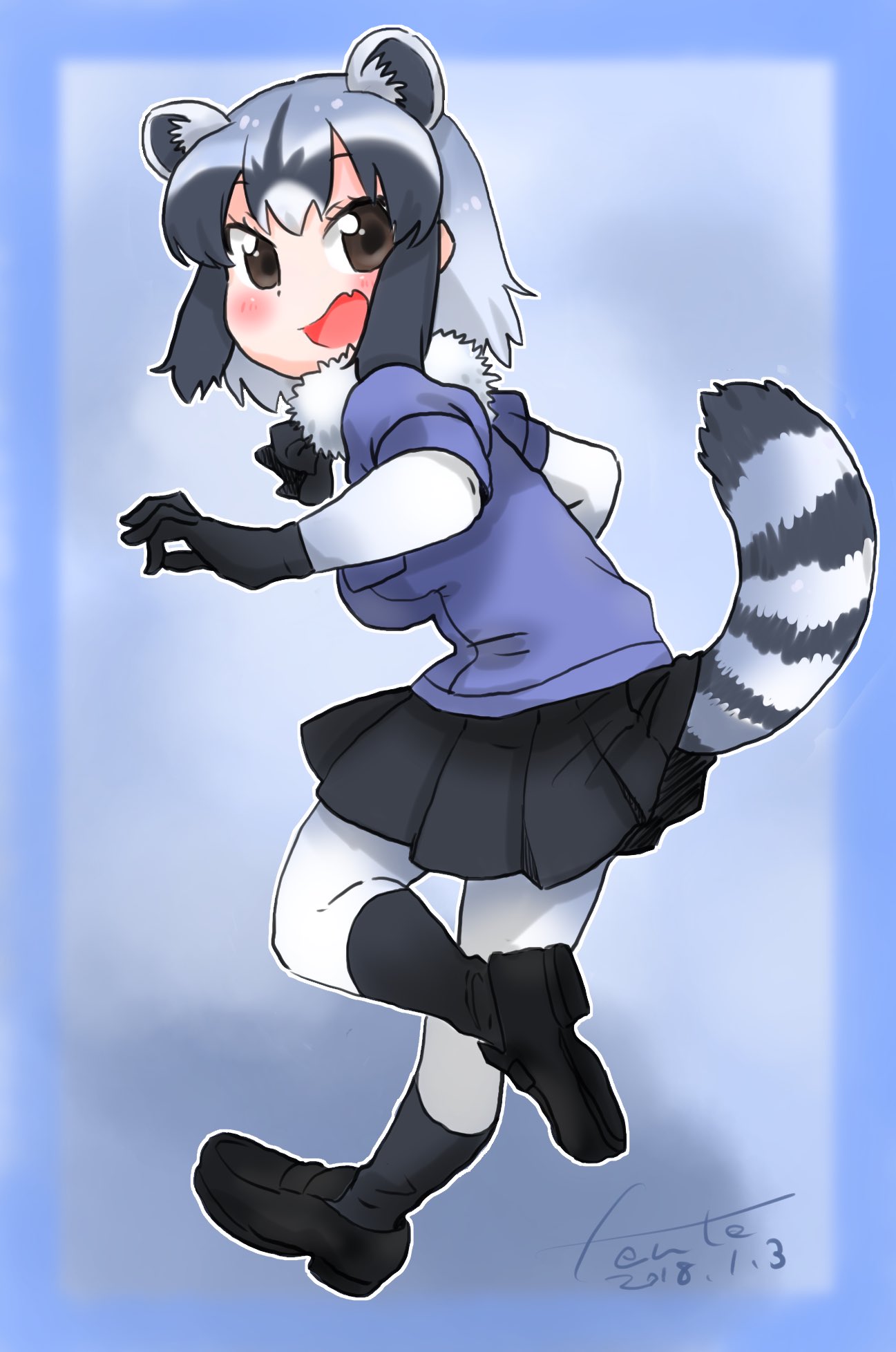 animal_ears artist_name bangs black_footwear black_gloves black_legwear black_neckwear black_skirt blue_shirt bodystocking bow bowtie commentary common_raccoon_(kemono_friends) dated extra_ears fang fanta_(the_banana_pistols) from_behind full_body fur_collar gloves grey_hair highres kemono_friends leg_up loafers looking_at_viewer looking_back miniskirt multicolored_hair open_mouth pleated_skirt raccoon_ears raccoon_tail shirt shoes short_hair short_sleeves silver_hair skirt smile socks solo standing standing_on_one_leg striped_tail tail