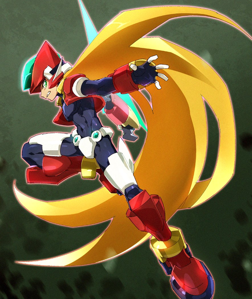 armor blonde_hair bodysuit commentary_request covered_navel energy_blade energy_sword green_eyes helmet holding holding_weapon jumping kon_(kin219) leg_up long_hair model_zx power_armor rockman rockman_zx serious simple_background solo sword very_long_hair weapon