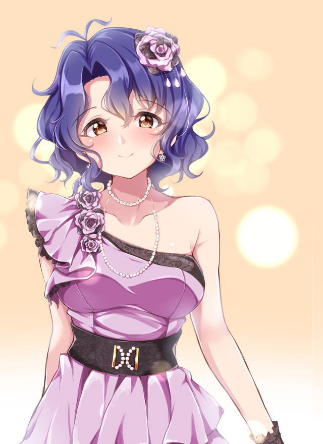 asymmetrical_clothes black_gloves blue_hair breasts brown_eyes collarbone dress eyebrows_visible_through_hair flower gloves hair_between_eyes hair_flower hair_ornament idolmaster idolmaster_million_live! idolmaster_million_live!_theater_days jewelry jiino lens_flare looking_at_viewer medium_breasts necklace pink_dress pink_flower pink_rose rose short_hair sleeveless sleeveless_dress smile solo standing toyokawa_fuuka upper_body