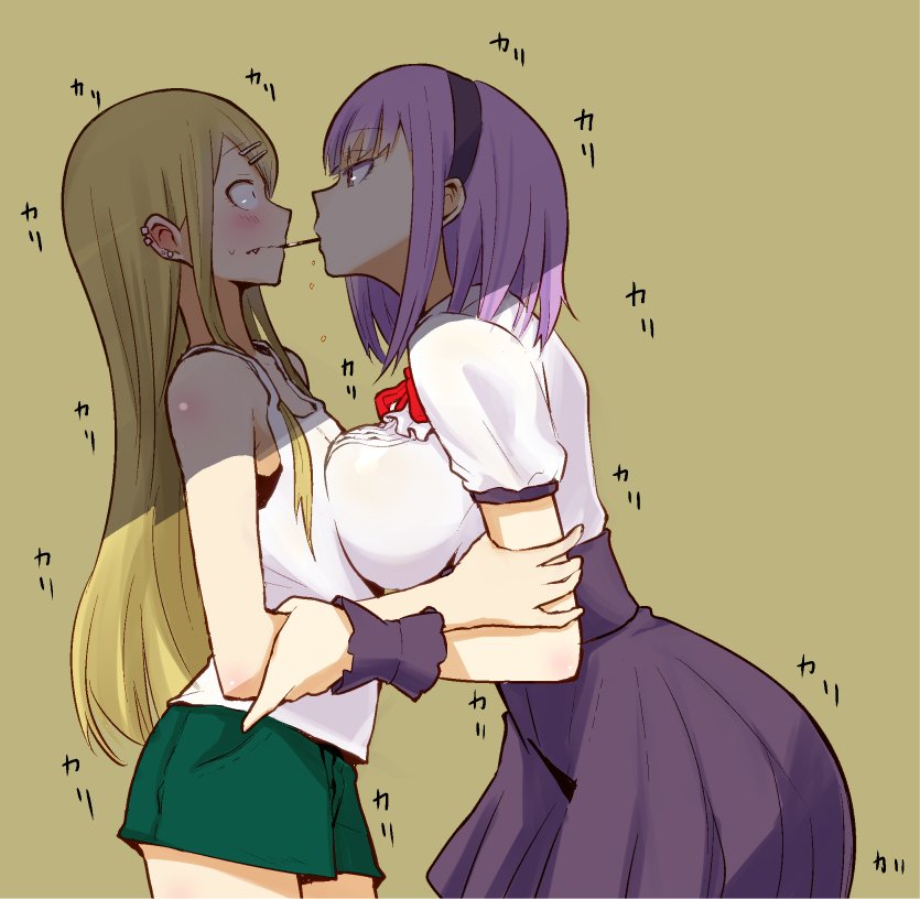 arm_grab asymmetrical_docking blonde_hair blush bra breast_press breasts commentary_request dagashi_kashi dress earrings endou_saya eyebrows_visible_through_hair fang_out food hair_ornament hairband hairclip jewelry large_breasts long_hair looking_at_another medium_hair multiple_girls pocky pocky_day pocky_kiss profile purple_hair rikosyegou saliva scrunchie shade shared_food shidare_hotaru short_shorts shorts simple_background small_breasts sound_effects tank_top underwear yellow_background yuri