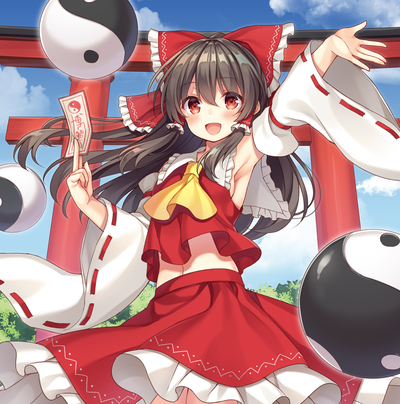 :d arm_up armpits ascot bangs black_hair blue_sky bow brown_eyes bug butterfly cloud commentary_request cowboy_shot day detached_sleeves eyebrows_visible_through_hair frilled_shirt_collar frills hair_between_eyes hair_bow hair_tubes hakurei_reimu holding insect long_hair looking_at_viewer midriff nagisa3710 navel ofuda open_mouth outdoors red_bow red_skirt ribbon-trimmed_sleeves ribbon_trim sidelocks skirt sky smile solo torii touhou wide_sleeves yellow_neckwear yin_yang_orb
