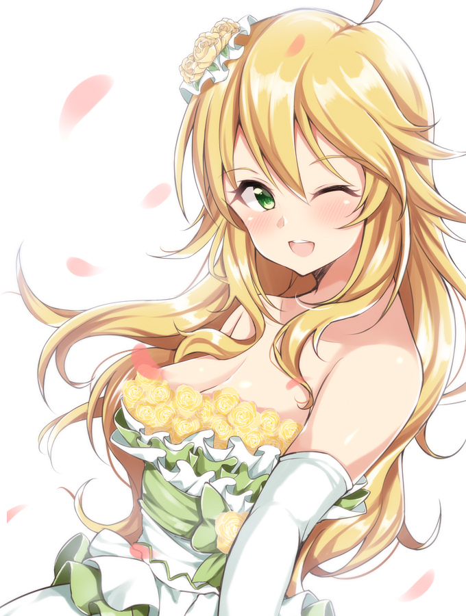 ;d blonde_hair blush bow breasts cleavage collarbone dress elbow_gloves floating_hair flower gloves green_bow green_eyes green_ribbon hair_flower hair_ornament hoshii_miki idolmaster idolmaster_(classic) idolmaster_million_live! idolmaster_million_live!_theater_days jiino long_hair looking_at_viewer medium_breasts one_eye_closed open_mouth petals ribbon rose simple_background sleeveless sleeveless_dress smile solo strapless strapless_dress upper_body very_long_hair wedding_dress white_background white_dress white_gloves yellow_flower yellow_rose