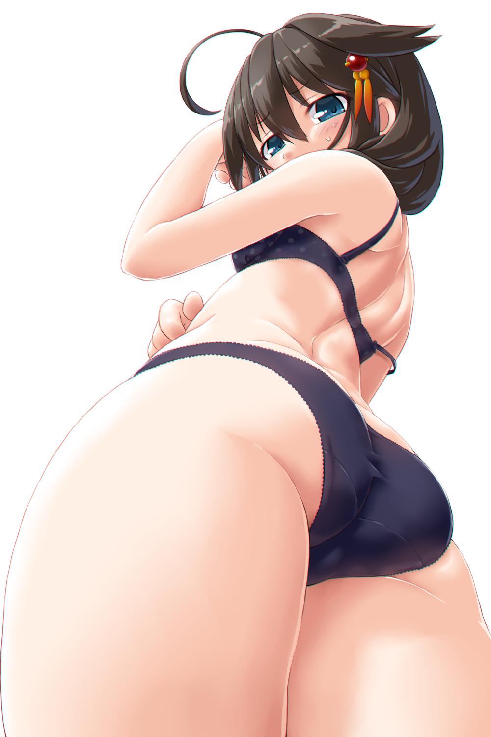 ahoge arm_up ass black_bra black_hair black_panties blue_eyes blush bra commentary dd_(ijigendd) eyebrows_visible_through_hair from_behind from_below hair_flaps hair_ornament hair_over_shoulder highres kantai_collection looking_back looking_down panties remodel_(kantai_collection) shigure_(kantai_collection) simple_background solo sweatdrop underwear underwear_only white_background