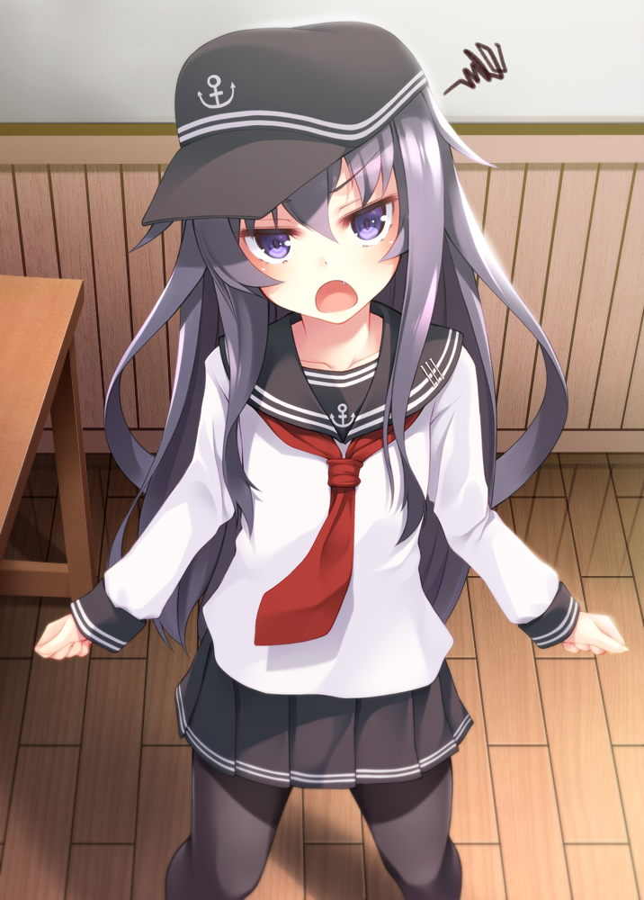 age_conscious akatsuki_(kantai_collection) anchor_symbol angry badge black_legwear blouse classroom collarbone commentary d: desk eyebrows_visible_through_hair fang flat_cap from_above hair_between_eyes hat indoors kantai_collection long_hair long_sleeves looking_at_viewer messy_hair mofu_namako neckerchief open_mouth pantyhose purple_eyes purple_hair red_neckwear sailor_collar school school_desk school_uniform serafuku skirt solo squiggle white_blouse