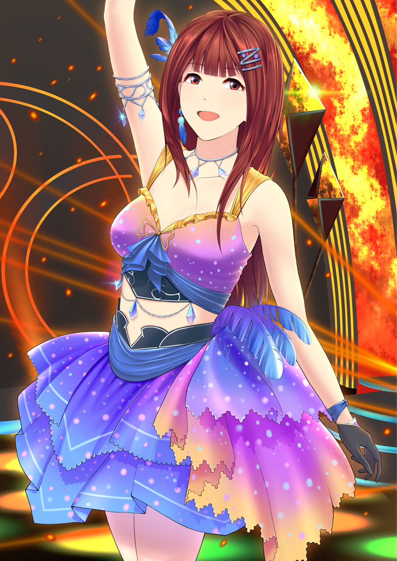 arm_up armlet baiyin black_gloves breasts brown_eyes brown_hair cleavage commentary_request dress feathers gloves hair_feathers hair_ornament hairclip idolmaster idolmaster_million_live! idolmaster_million_live!_theater_days long_hair looking_at_viewer open_mouth small_breasts smile standing tanaka_kotoha
