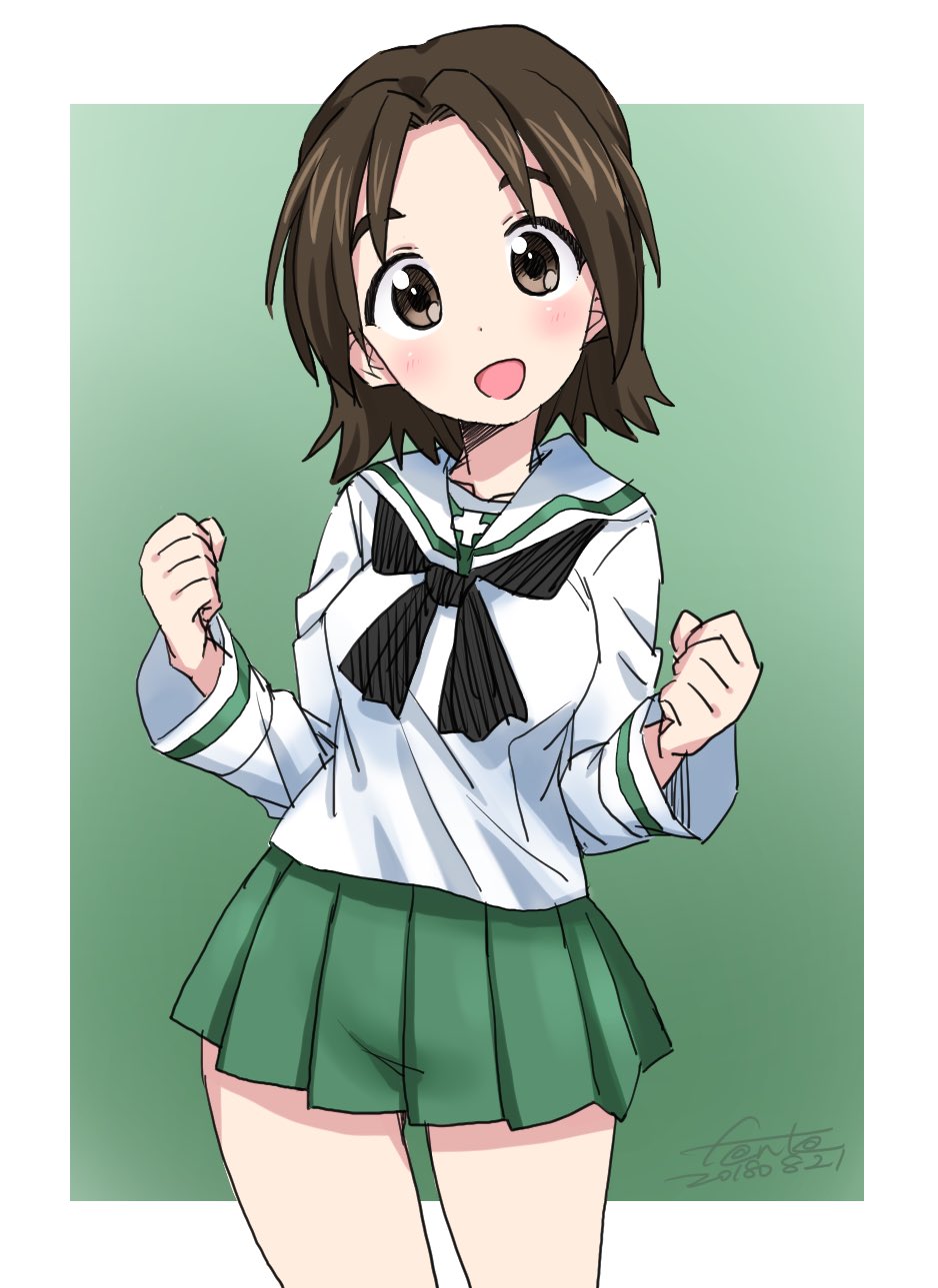 artist_name bangs black_neckwear blouse brown_eyes brown_hair clenched_hands commentary cowboy_shot dated fanta_(the_banana_pistols) girls_und_panzer green_background green_skirt head_tilt highres long_sleeves looking_at_viewer miniskirt neckerchief ooarai_school_uniform open_mouth parted_bangs pleated_skirt sawa_azusa school_uniform serafuku short_hair signature skirt smile solo standing w_arms white_blouse