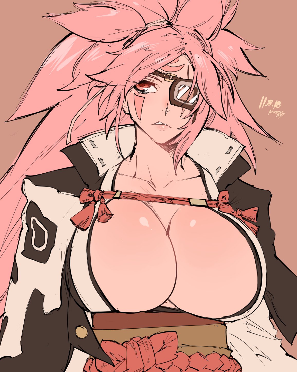amputee baiken big_hair black_jacket black_kimono breasts brown_background cleavage commentary_request english_commentary eyepatch facial_tattoo facing_viewer guilty_gear guilty_gear_xrd highres huge_breasts jacket jacket_on_shoulders japanese_clothes kataginu kenshin187 kimono looking_to_the_side multicolored multicolored_clothes multicolored_kimono obi one-eyed open_clothes open_kimono parted_lips pink_hair ponytail red_eyes samurai sash scar scar_across_eye tattoo white_kimono