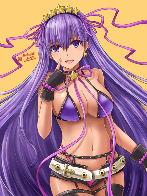:d bangs bb_(fate)_(all) bb_(swimsuit_mooncancer)_(fate) bikini black_gloves black_hairband black_legwear black_shorts breasts choker cleavage dark_skin earrings eyebrows_visible_through_hair fate/grand_order fate_(series) fingerless_gloves floating_hair gloves hair_between_eyes hair_ribbon hairband haura_akitoshi highleg highleg_bikini huge_breasts index_finger_raised jewelry long_hair looking_at_viewer micro_shorts navel neck_ribbon open_clothes open_mouth open_shorts pink_bikini_bottom pink_ribbon purple_bikini_top purple_eyes purple_hair ribbon shorts sideboob simple_background smile solo star star_earrings swimsuit thighhighs twitter_username very_long_hair yellow_background