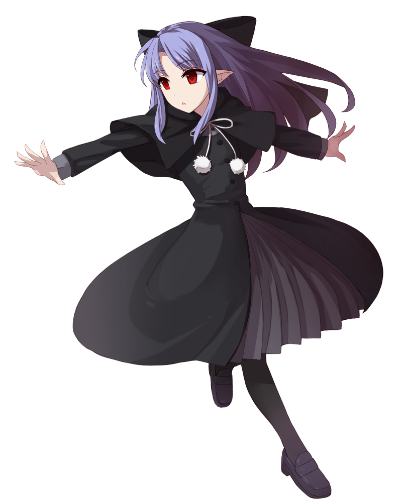apo_(apos2721) black_bow black_capelet black_coat black_footwear black_legwear bow capelet coat coat_dress eyebrows_visible_through_hair floating_hair full_body hair_bow leaning_to_the_side leg_up len loafers long_hair long_sleeves melty_blood outstretched_arms pantyhose parted_lips pointy_ears red_eyes shoes silver_hair solo standing standing_on_one_leg transparent_background tsukihime winter_clothes winter_coat