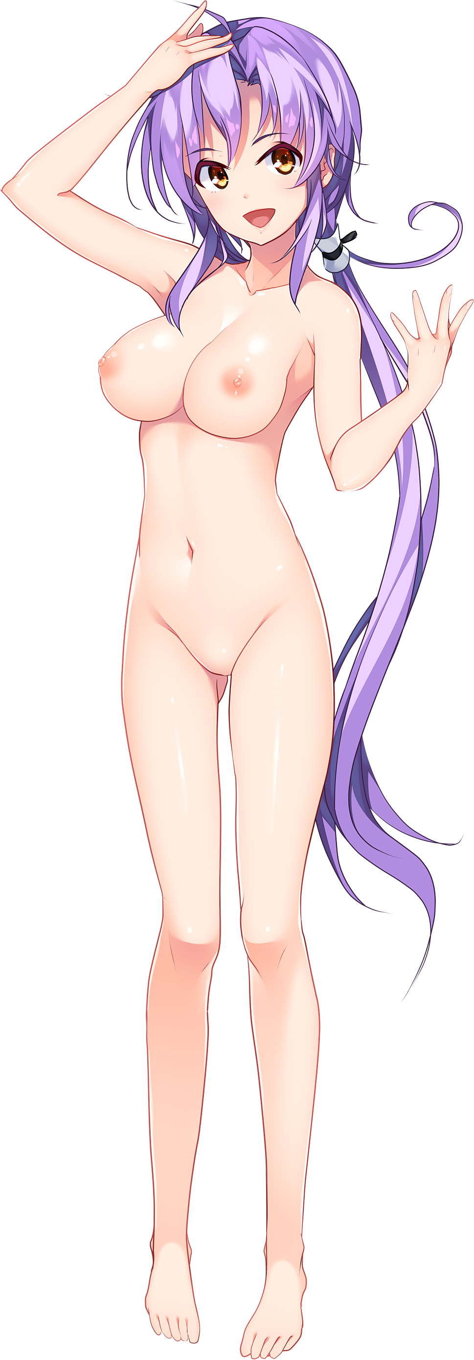 absurdres arm_up barefoot breasts charabration! full_body hand_on_head highres large_breasts long_hair looking_at_viewer navel nipples no_pussy nude nylon official_art open_mouth orange_eyes ponytail purple_hair solo tenhouin_himeme transparent_background very_long_hair