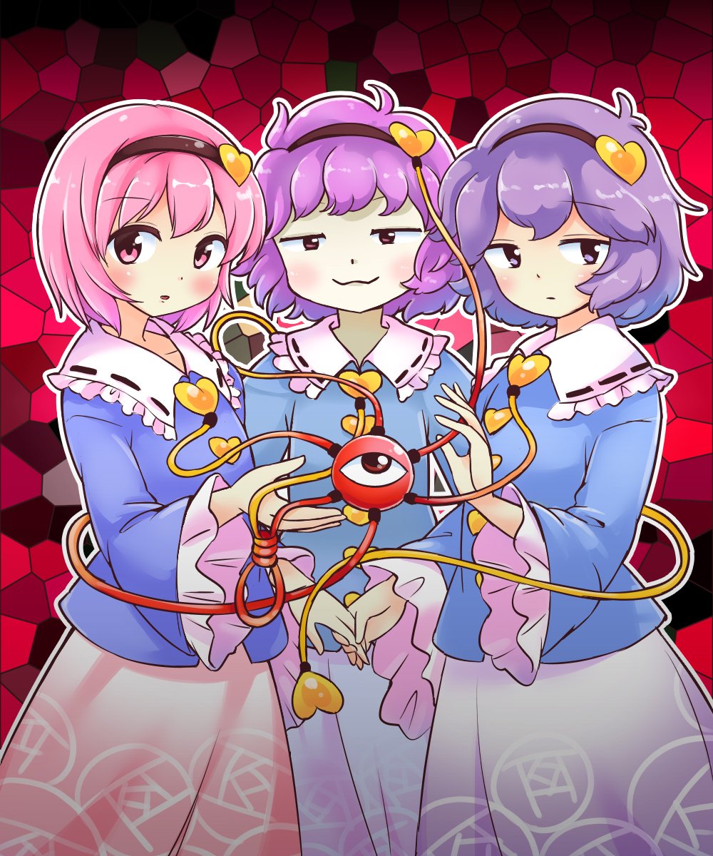 :3 black_hairband blue_shirt blush commentary commentary_request cowboy_shot frilled_sleeves frills hairband hand_up heart highres holding_hands itatatata komeiji_satori long_sleeves looking_at_viewer multiple_girls multiple_persona pink_eyes pink_hair pink_skirt purple_eyes purple_hair purple_skirt red_background shirt short_hair skirt smile smug stained_glass touhou wide_sleeves