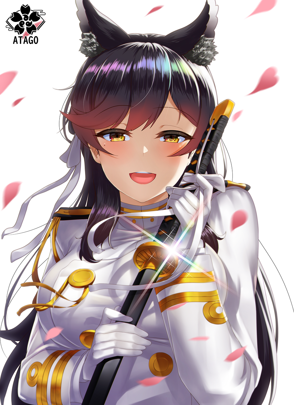 :d animal_ears atago_(azur_lane) azur_lane bangs black_hair blush breasts brown_eyes character_name commentary_request error extra_ears eyebrows_visible_through_hair glint gloves hair_ribbon highres holding holding_sword holding_weapon jacket kagiyama_(gen'ei_no_hasha) katana large_breasts long_hair long_sleeves looking_at_viewer md5_mismatch mole mole_under_eye open_mouth petals polydactyly ribbon smile solo swept_bangs sword uniform weapon white_gloves white_jacket white_ribbon wind