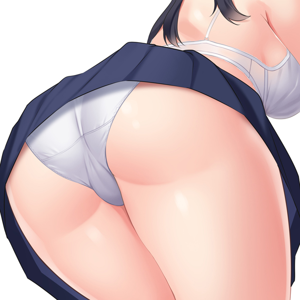 ass ass_focus back black_hair blue_skirt bra breasts cameltoe close-up commentary_request crotch_seam huyumitsu original panties pantyshot pleated_skirt shiny shiny_skin shoulder_blades simple_background skirt solo thighs underwear upskirt wedgie white_background white_bra white_panties