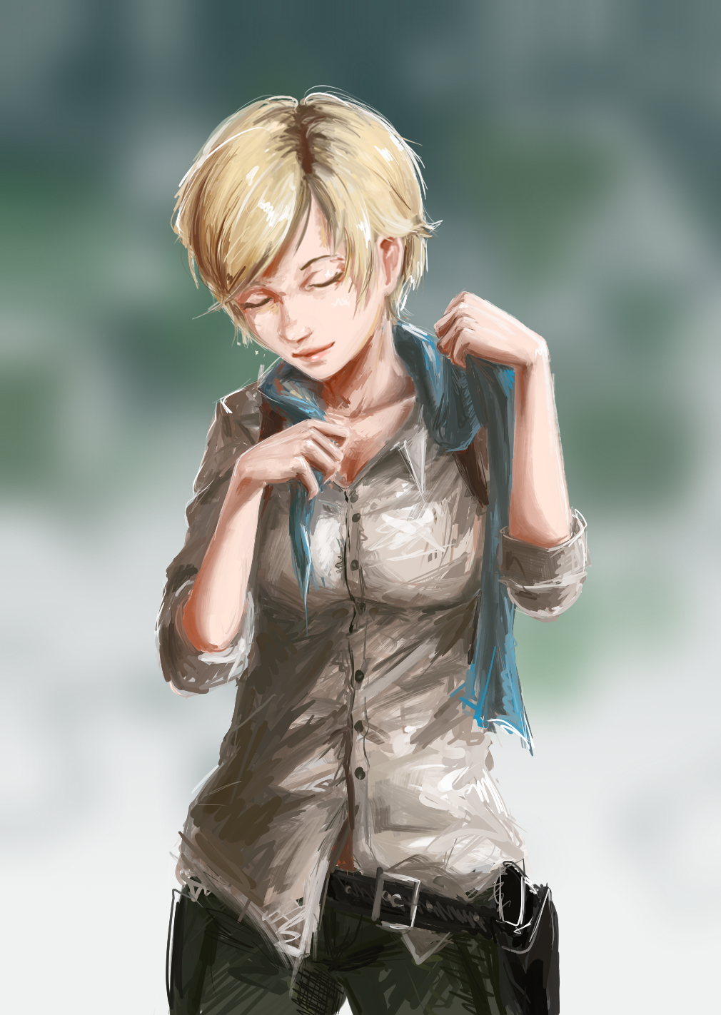 aqua_scarf belt black_belt blonde_hair blurry blurry_background breasts closed_eyes closed_mouth collarbone collared_shirt commentary english_commentary eyebrows hands_up highres lips mismatched_eyebrows nose realistic resident_evil resident_evil_6 scarf sherry_birkin shirt short_hair smile solo standing unbuckled_belt undressing uninstall_(hear-me-now) untucked_shirt very_short_hair wing_collar