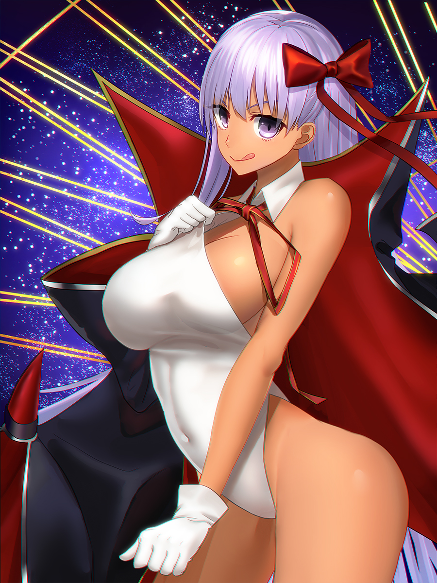 bangs bare_shoulders bb_(fate)_(all) bb_(swimsuit_mooncancer)_(fate) black_coat bow breasts closed_mouth commentary_request covered_navel fate/grand_order fate_(series) gloves hair_bow highres hips large_breasts leotard leotard_pull licking_lips long_hair looking_at_viewer minami_koyogi neck_ribbon popped_collar purple_eyes purple_hair red_bow red_ribbon ribbon sky smile solo star_(sky) starry_sky tan tongue tongue_out very_long_hair white_gloves white_leotard