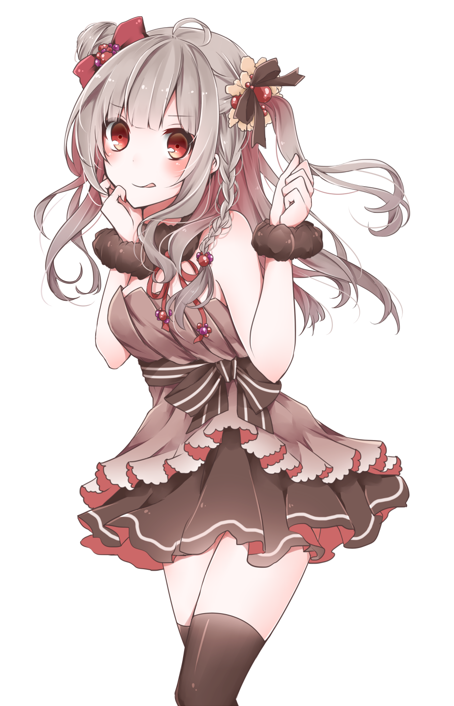 :q ahoge bangs bare_shoulders belt black_legwear black_scrunchie black_skirt blush bow braid breasts closed_mouth commentary_request dress eyebrows_visible_through_hair gradient_hair grey_dress grey_hair hair_bow hair_bun hand_on_own_cheek hand_up highres lace_trim long_hair looking_at_viewer miniskirt multicolored_hair nail_polish nanase_eka one_side_up original red_bow red_eyes red_hair red_nails scrunchie sidelocks simple_background skirt small_breasts smile solo standing strapless strapless_dress thighhighs tongue tongue_out two-tone_hair white_background wrist_scrunchie zettai_ryouiki