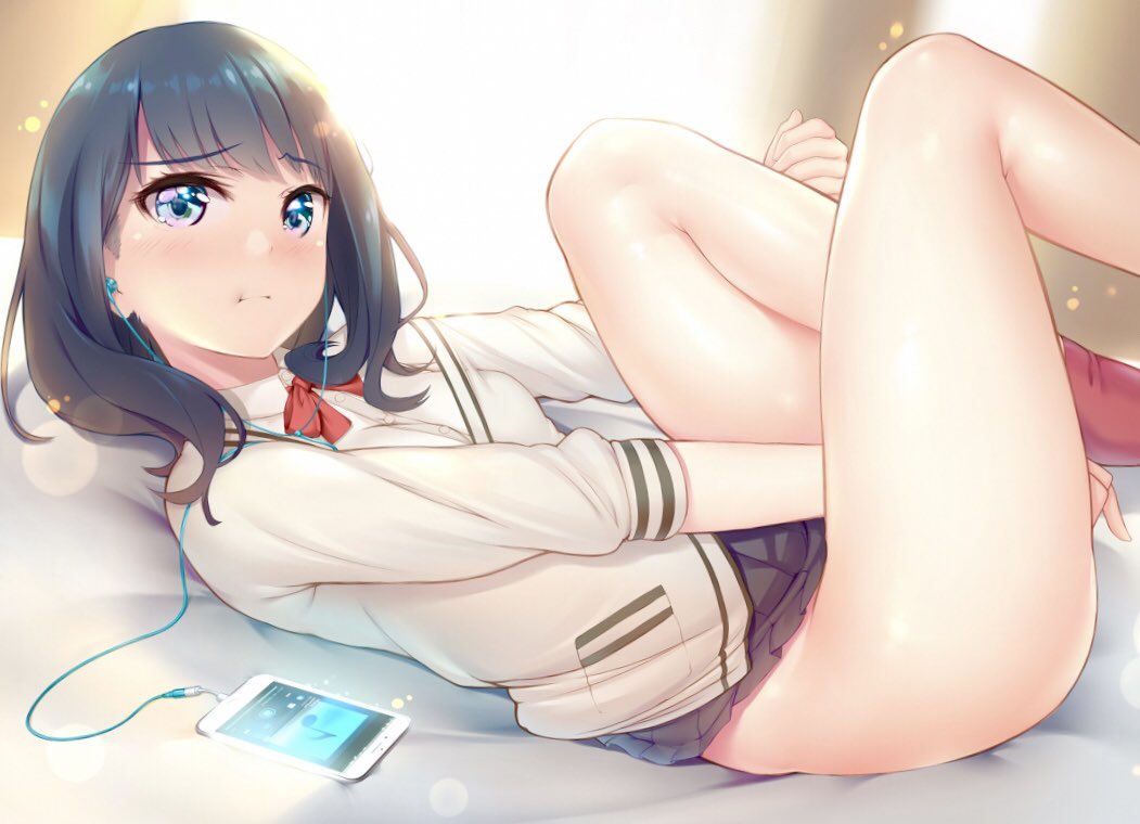 bangs black_hair black_skirt blue_eyes blush bow bowtie breasts cellphone closed_mouth commentary_request earphones hamadamiku01 hips knees_up legs long_hair long_sleeves looking_at_viewer lying miniskirt on_back phone pleated_skirt red_bow red_legwear red_neckwear skirt small_breasts socks solo ssss.gridman sweater swept_bangs takarada_rikka thighs