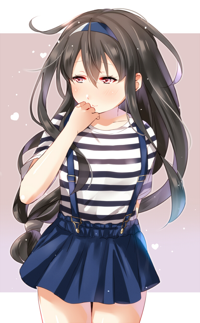 arm_behind_back bangs black_hair blue_hairband blue_skirt blush bunches closed_mouth commentary_request cowboy_shot eyelashes furrowed_eyebrows hair_between_eyes hairband half-closed_eyes hand_up hatsushimo_(kantai_collection) high-waist_skirt horizontal-striped_shirt horizontal_stripes juurouta kantai_collection legs_together long_hair looking_away miniskirt red_eyes shirt short_sleeves shy sketch_eyebrows skirt solo standing striped striped_shirt suspender_skirt suspenders