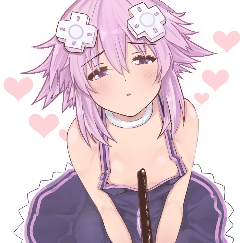 :o bare_shoulders blush breasts choker cleavage commentary d-pad d-pad_hair_ornament dress dura food hair_between_eyes hair_ornament heart heart_background looking_at_viewer medium_hair neptune_(choujigen_game_neptune) neptune_(series) no_bra pocky pocky_day pov purple_dress purple_eyes purple_hair small_breasts solo white_choker