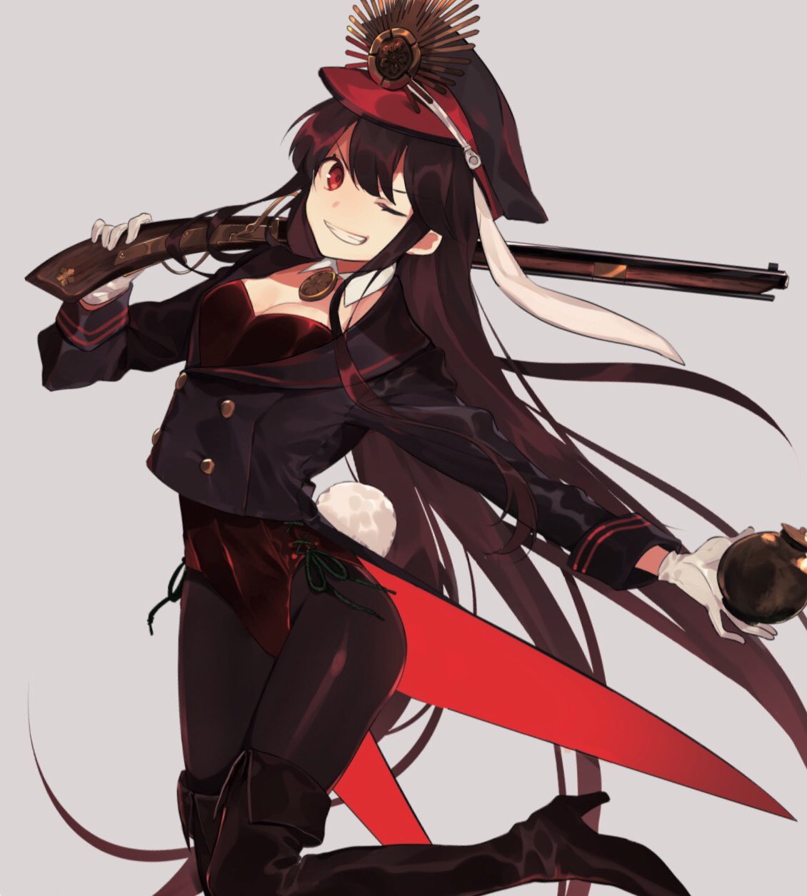 black_hair black_legwear bomb boots breasts bunnysuit cleavage fate_(series) gloves grey_background grin gun hat high_heels highres holding holding_gun holding_weapon koha-ace long_hair looking_at_viewer oda_nobunaga_(fate) one_eye_closed pantyhose red_eyes rifle simple_background smile solo thigh_boots thighhighs very_long_hair weapon white_gloves ya_4004