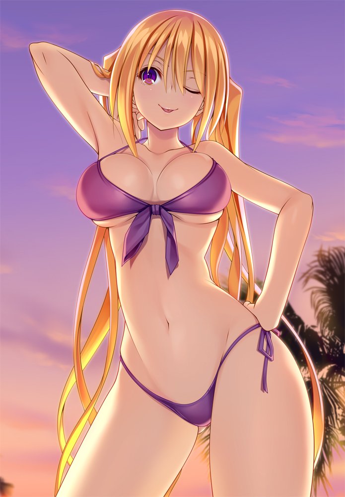 ;p arm_up armpits ass_visible_through_thighs bangs bikini blonde_hair blush breasts cleavage cloud commentary_request cowboy_shot front-tie_bikini front-tie_top groin hair_between_eyes hand_behind_head hand_on_hip large_breasts lieselotte_sherlock long_hair looking_at_viewer nao_akinari navel one_eye_closed outdoors palm_tree purple_bikini purple_eyes purple_sky side-tie_bikini sidelocks skindentation smile solo stomach strap_gap sunset swimsuit tongue tongue_out tree trinity_seven twintails underboob very_long_hair wide_hips