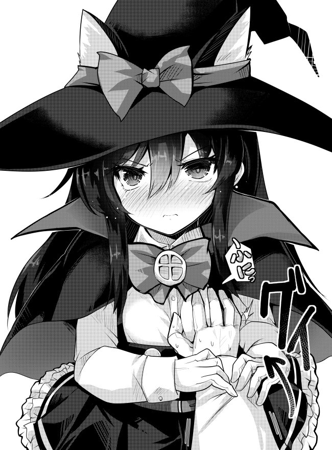 3: admiral_(kantai_collection) ai_takurou animal_ears asashio_(kantai_collection) belt black_hair blush bow bowtie breast_grab buttons cape cat_ears closed_mouth collared_shirt commentary dress frilled_dress frills gloves grabbing greyscale hair_between_eyes halloween_costume hat kantai_collection long_hair long_sleeves looking_at_viewer monochrome out_of_frame pinafore_dress pov pov_hands remodel_(kantai_collection) ribbon searchlight shirt simple_background sweat v-shaped_eyebrows white_background white_shirt witch_hat