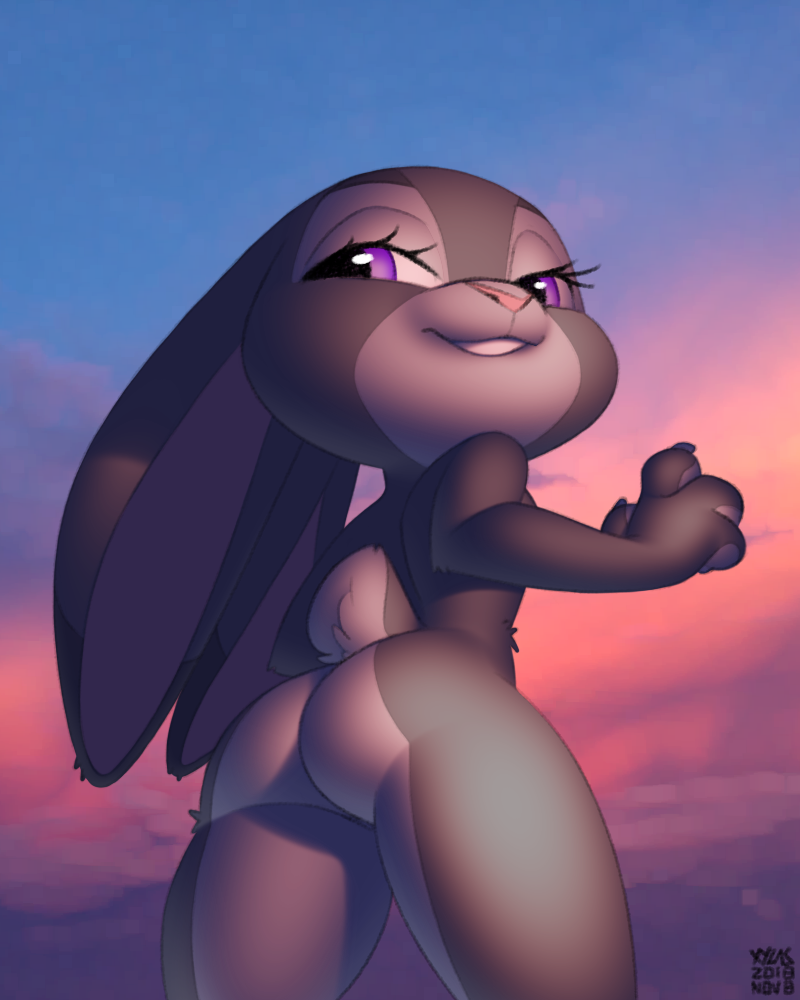 2018 4_fingers anthro big_ears big_eyes buckteeth butt disney eyelashes female fur grey_fur half-closed_eyes judy_hopps lagomorph long_ears looking_back low-angle_view mammal multicolored_fur nude outside pink_nose purple_eyes rabbit rear_view short_tail smile solo standing teeth two_tone_fur white_fur xylas zootopia