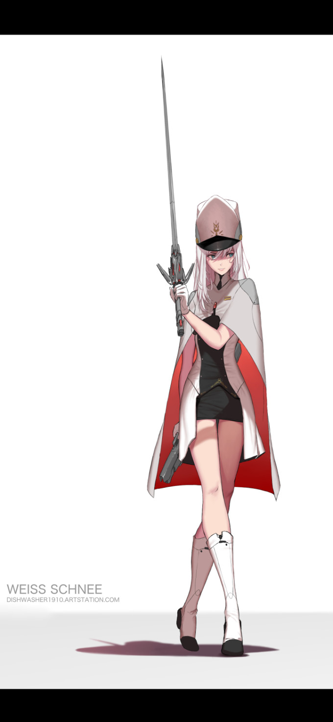 alternate_costume artist_name blue_eyes cape character_name crossed_legs dishwasher1910 gloves hat highres looking_to_the_side rapier rwby science_fiction shadow sheath source_request sword watson_cross weapon weiss_schnee white_background white_hair