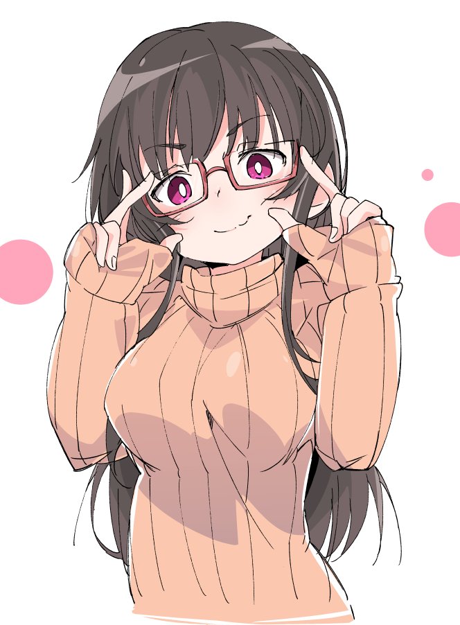 black_hair character_request commentary_request eyebrows_visible_through_hair glasses ixy long_hair long_sleeves looking_at_viewer orange_sweater pink_eyes red-framed_eyewear semi-rimless_eyewear smile solo sweater turtleneck turtleneck_sweater under-rim_eyewear white_background