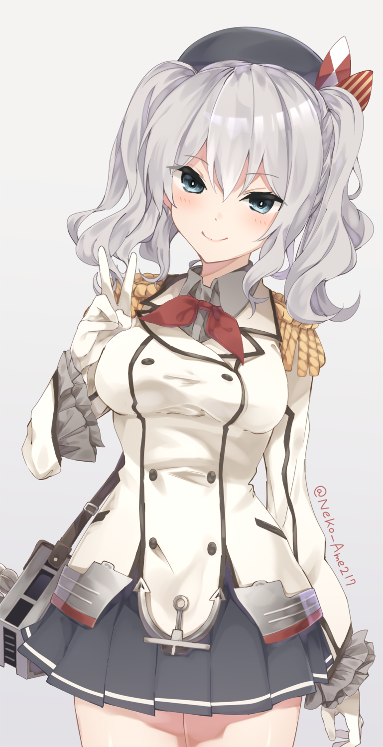 anchor bangs belt beret black_hat black_skirt blue_eyes blush breasts buttons closed_mouth commentary cowboy_shot epaulettes eyebrows_visible_through_hair gloves hair_between_eyes hat highres jacket kantai_collection kashima_(kantai_collection) long_sleeves looking_at_viewer machinery miniskirt neckerchief neko_ame pleated_skirt red_neckwear sidelocks silver_hair simple_background skirt smile solo standing tsurime twintails twitter_username v wavy_hair white_gloves white_jacket