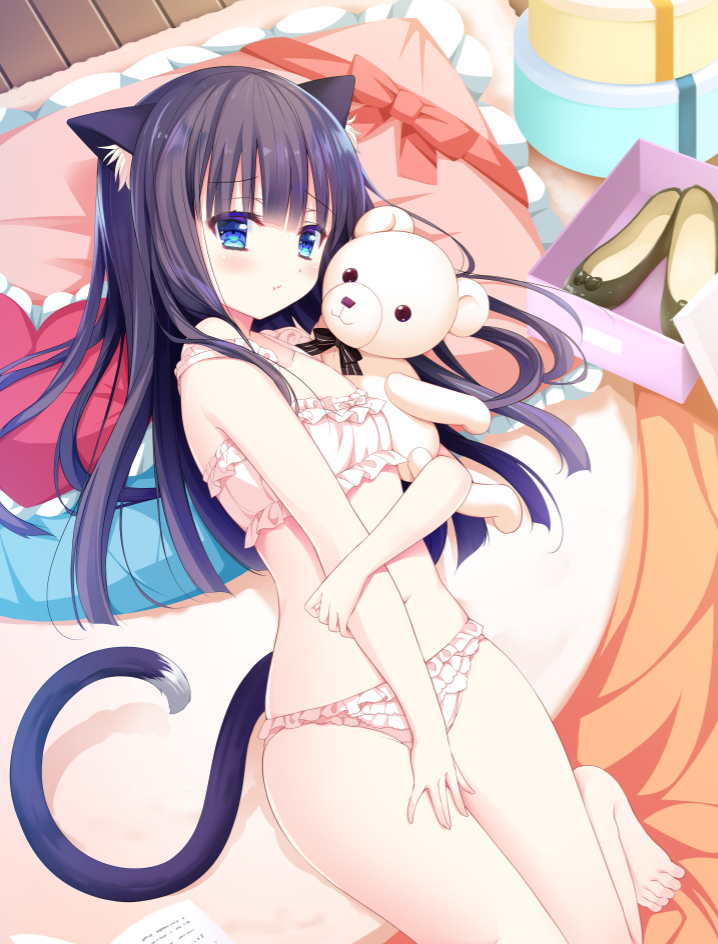 :t animal_ear_fluff animal_ears arm_grab bangs bare_arms bare_legs bare_shoulders barefoot blush bra brown_hair cat_ears cat_girl cat_tail closed_mouth commentary_request eyebrows_visible_through_hair frilled_bra frilled_panties frilled_pillow frills heart heart_pillow long_hair lying navel object_hug on_back original panties pillow pink_bra pink_panties pout shiwasu_horio solo stuffed_animal stuffed_toy tail teddy_bear underwear underwear_only very_long_hair wooden_floor