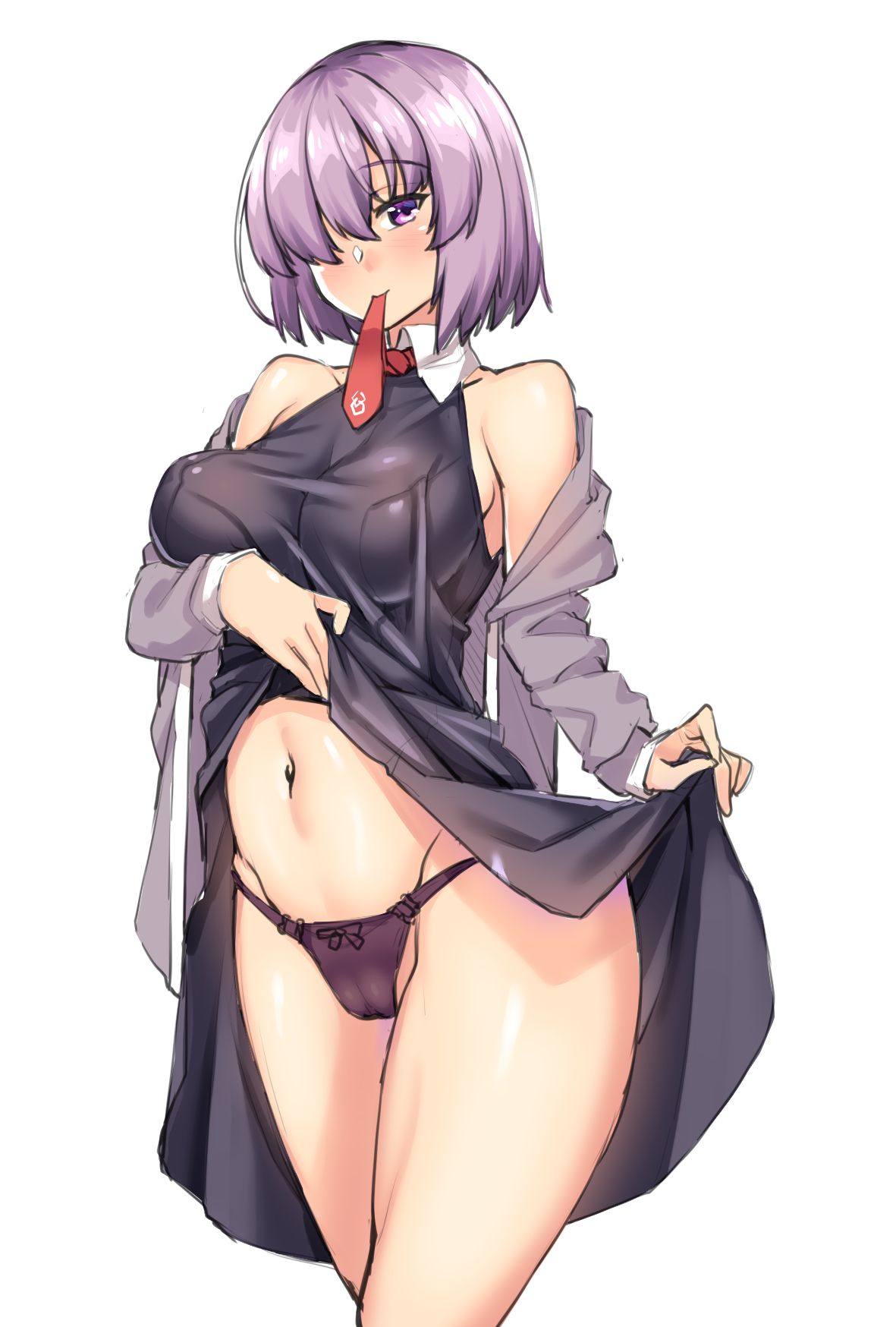 bare_legs bare_shoulders black_dress black_legwear black_panties bow bow_panties breasts collared_dress covered_nipples cowboy_shot dress dress_lift eyebrows_visible_through_hair fate/grand_order fate_(series) hair_over_one_eye highres jacket large_breasts lavender_hair lifted_by_self looking_at_viewer mash_kyrielight mouth_hold navel necktie panties pantyshot purple_eyes red_neckwear shirokuma_a short_hair sleeveless sleeveless_dress solo thighs underwear