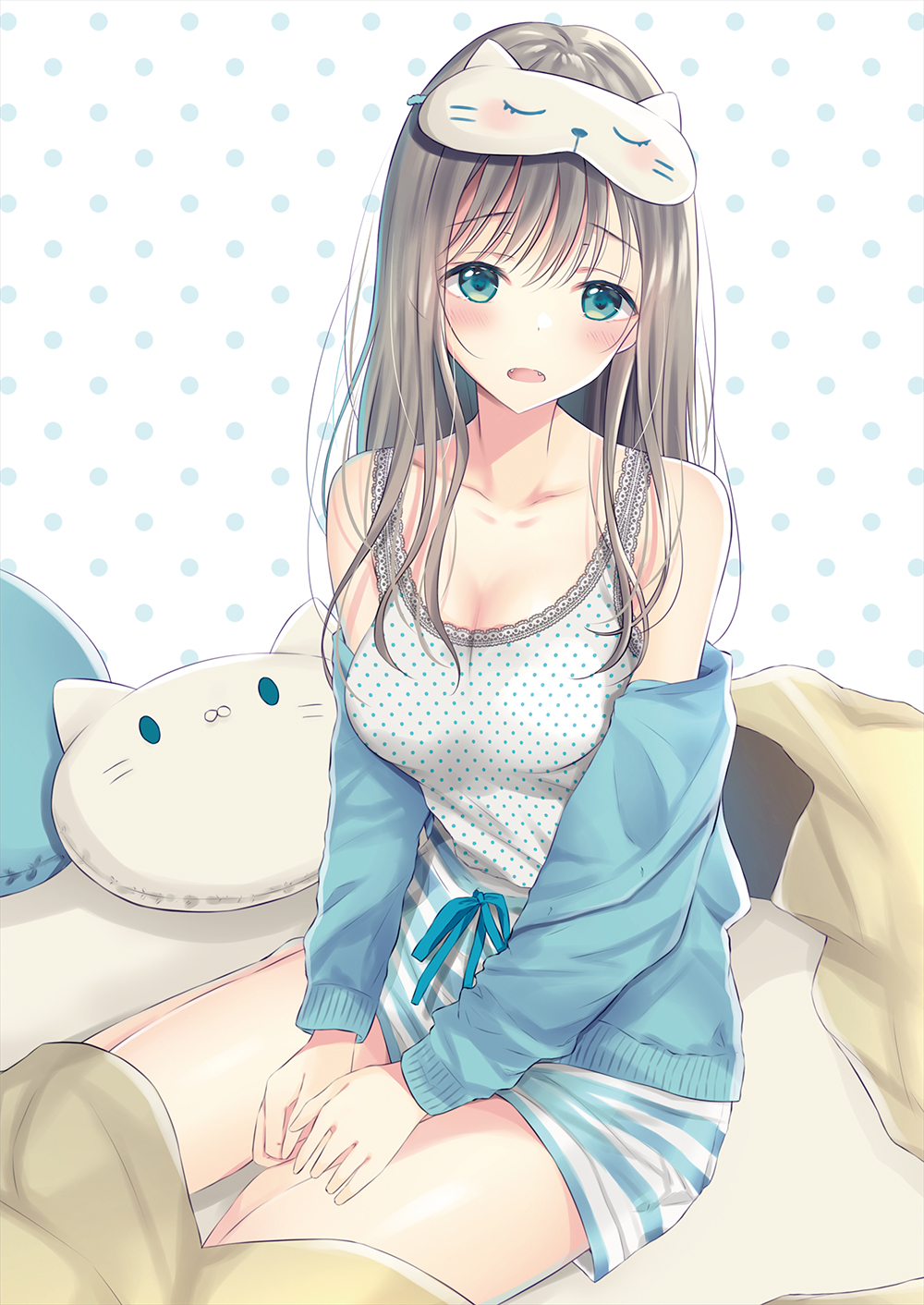 :o aqua_eyes bangs bare_legs bare_shoulders bed blanket blue_sweater blush breasts cardigan cat_pillow cleavage collarbone commentary_request fangs grey_hair highres lace_trim long_hair looking_at_viewer medium_breasts off_shoulder on_bed original pillow polka_dot polka_dot_background shirt short_shorts shorts sitting sleep_mask solo striped sweater tank_top ueno_tomo white_shirt yokozuwari