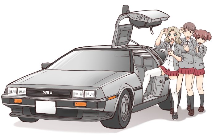 alisa_(girls_und_panzer) back_to_the_future bangs black_neckwear blazer blonde_hair blouse blue_eyes blue_footwear car collared_blouse commentary cross-laced_footwear delorean foot_up frown girls_und_panzer grey_jacket ground_vehicle hair_intakes jacket kay_(girls_und_panzer) long_hair long_sleeves looking_at_viewer looking_at_watch miniskirt motor_vehicle multiple_girls naomi_(girls_und_panzer) necktie open_clothes open_jacket open_mouth parody pleated_skirt red_skirt saunders_school_uniform school_uniform shoes simple_background skirt sleeves_rolled_up sneakers standing thighhighs uona_telepin watch white_background white_blouse white_legwear wristwatch