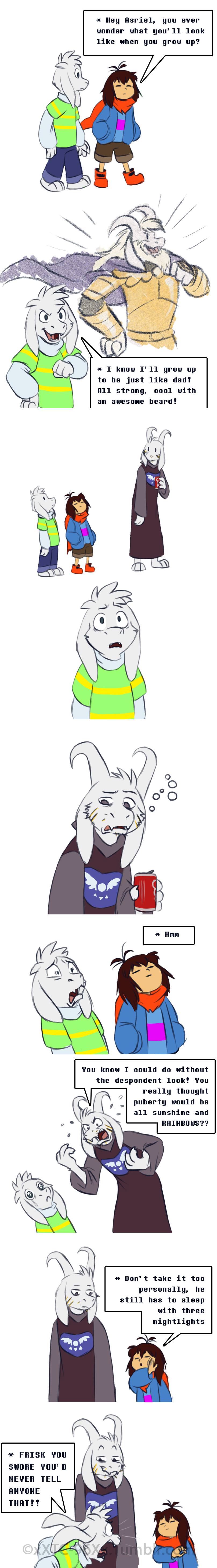 asriel_dreemurr boss_monster caprine comic delta_rune dialogue english_text eyes_closed horn humor long_ears mammal protagonist_(undertale) scarf stubble tc-96 text undertale video_games