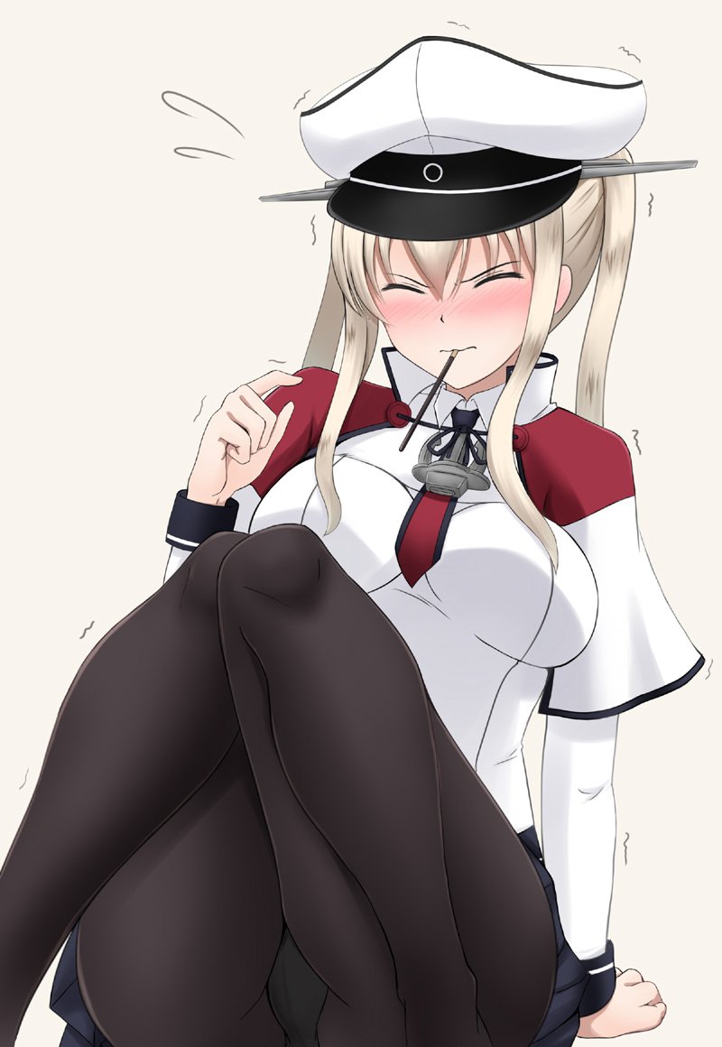 black_legwear black_panties breasts capelet celtic_knot closed_eyes commentary_request facing_viewer flying_sweatdrops food fuuma_nagi gloves graf_zeppelin_(kantai_collection) grey_background hair_between_eyes hat iron_cross kantai_collection large_breasts long_hair military military_hat military_uniform miniskirt mouth_hold necktie panties panties_under_pantyhose pantyhose peaked_cap pleated_skirt pocky sidelocks simple_background sitting skirt smile solo twintails twitter_username underwear uniform white_background white_hat
