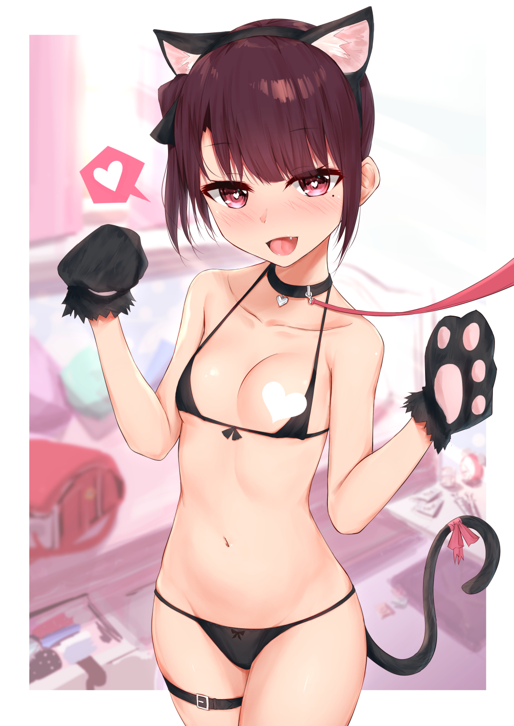 animal_ear_fluff animal_ears backpack bag bangs black_bra black_collar black_panties blush bra breasts cat_ears cat_paws cat_tail censored collarbone commentary_request eyebrows_visible_through_hair fake_animal_ears fang gloves hands_up heart heart-shaped_pupils heart_censor highres indoors kanju leash looking_at_viewer mole mole_under_eye navel nipple_censor open_mouth original outside_border panties paw_gloves paws purple_eyes purple_hair randoseru ribbon short_hair small_breasts solo spoken_heart standing symbol-shaped_pupils tail thigh_strap underwear underwear_only