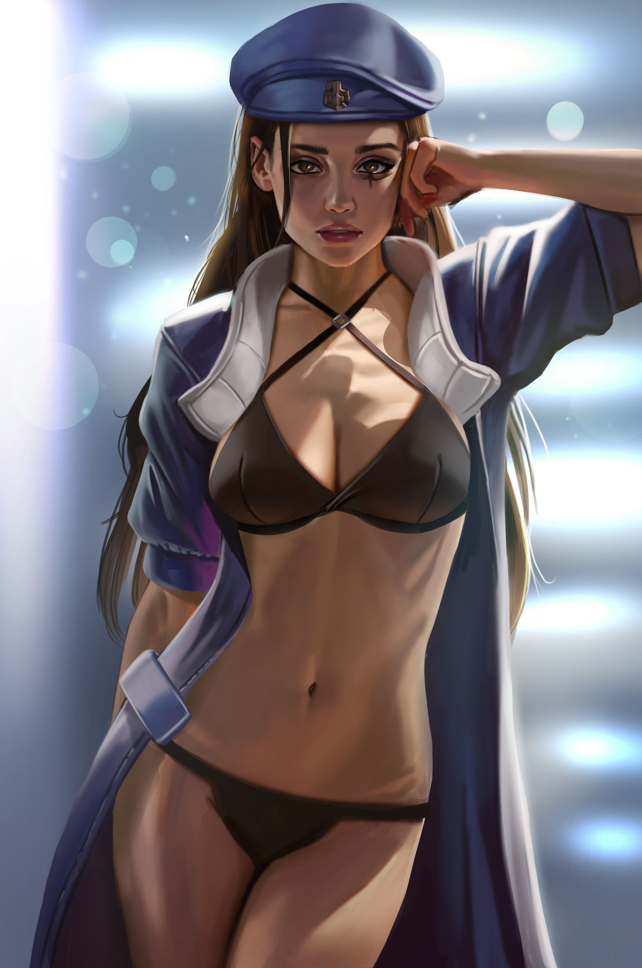 ana_(overwatch) black_eyes bra brown_hair halter_top halterneck highres hoo_bamon long_hair looking_at_viewer navel open_clothes overwatch panties parted_lips short_sleeves solo source_request underwear younger