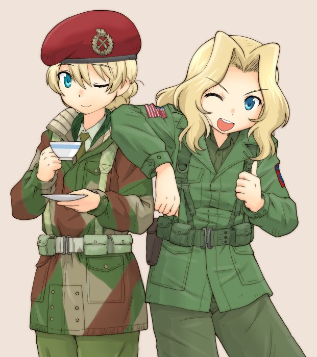 ;d american_flag bangs beige_background belt beret blonde_hair blue_eyes braid british_army brown_shirt camouflage_jacket closed_mouth collared_shirt commentary_request cup darjeeling dress_shirt emblem eyebrows_visible_through_hair girls_und_panzer green_jacket green_neckwear green_pants green_shirt harness hat holding holding_cup holding_saucer jacket kay_(girls_und_panzer) long_hair looking_at_viewer military military_uniform multiple_girls necktie one_eye_closed open_mouth pants pouch red_hat saucer shirt short_hair simple_background smile standing suspenders teacup thumbs_up uniform uona_telepin us_army utility_belt wing_collar