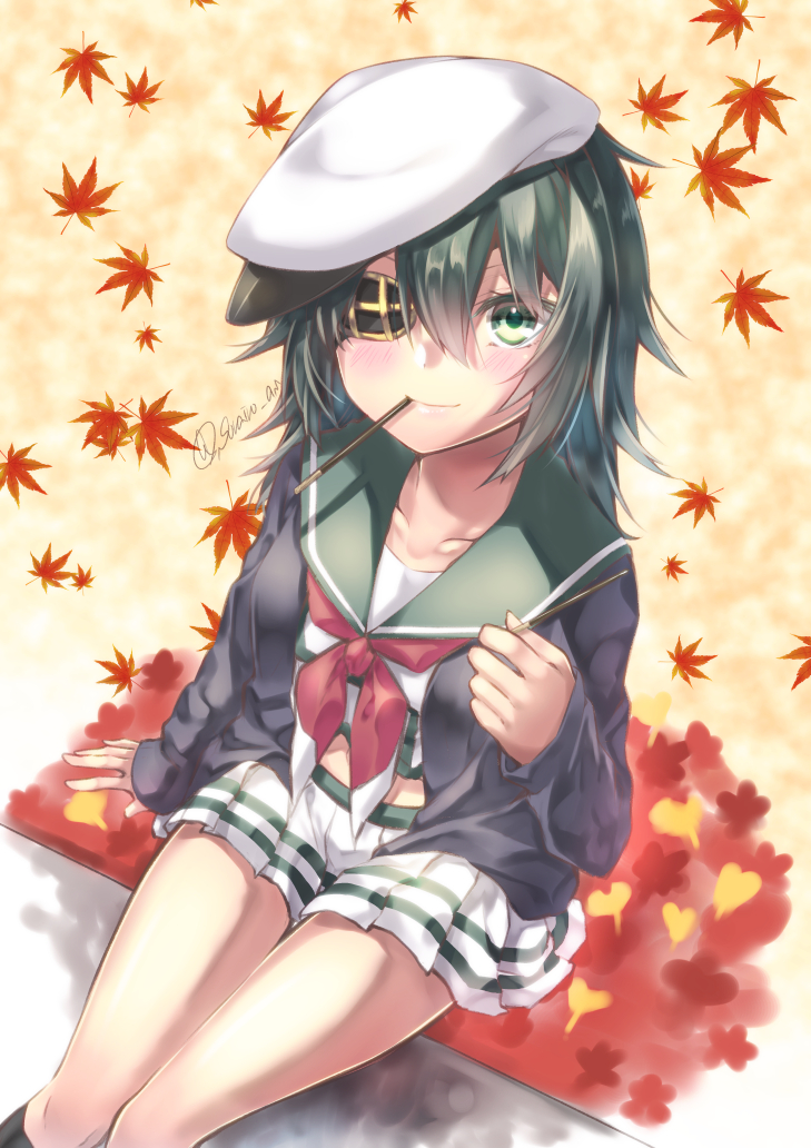 blush cape closed_mouth commentary_request eyepatch food green_hair hair_between_eyes hat kantai_collection kiso_(kantai_collection) looking_at_viewer looking_up miniskirt neckerchief pocky remodel_(kantai_collection) school_uniform serafuku short_hair sitting skirt smile yuihira_asu