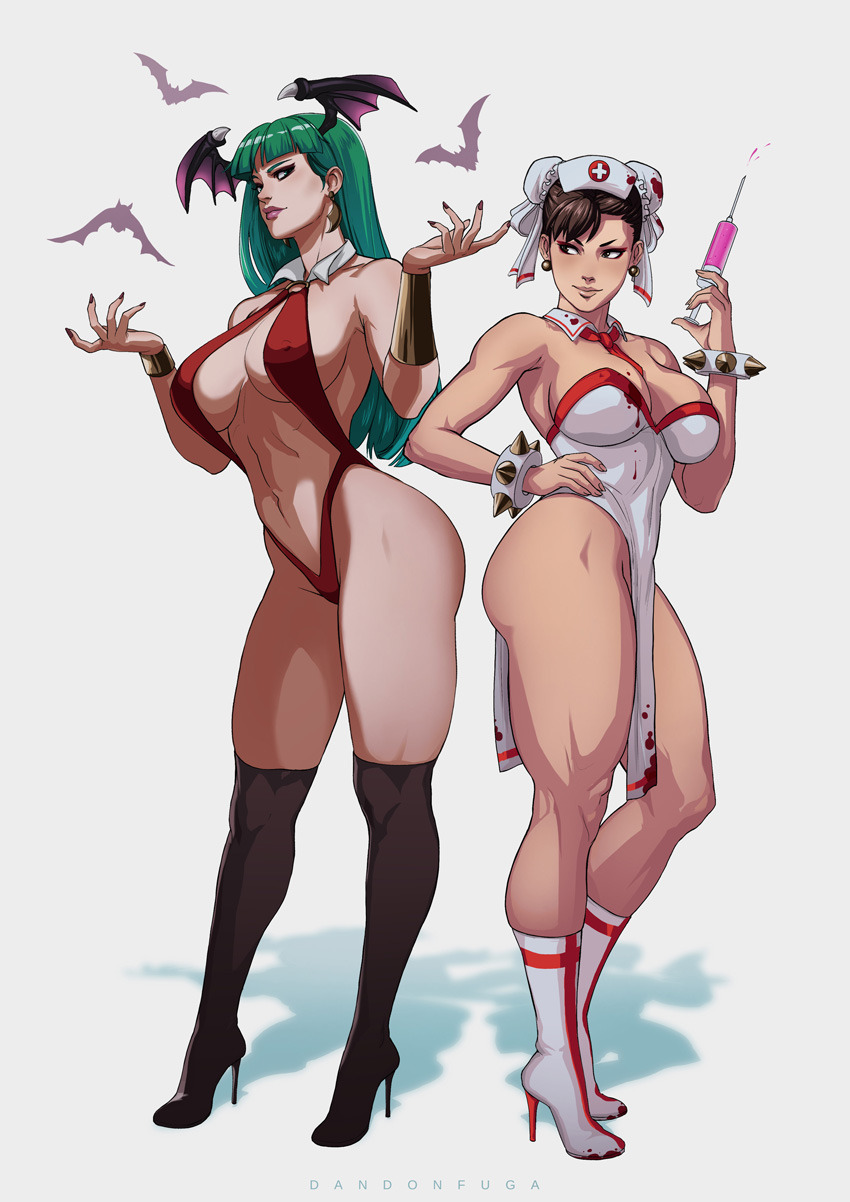 bat black_footwear blood bloody_clothes boots bracelet breasts brown_eyes brown_hair bun_cover capcom chun-li cleavage commentary_request company_connection cosplay crossover dandon_fuga demon_girl double_bun earrings green_eyes green_hair hair_bun halloween hat head_wings highres jewelry large_breasts long_hair morrigan_aensland multiple_girls nail_polish navel nurse nurse_cap pinup red_nails spiked_bracelet spikes standing street_fighter succubus syringe thick_thighs thigh_boots thighhighs thighs toned vampire_(game) vampirella vampirella_(character) vampirella_(character)_(cosplay) white_footwear wings