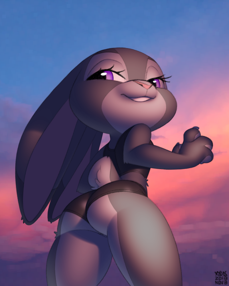 2018 4_fingers anthro big_ears big_eyes black_clothing buckteeth butt clothed clothing disney eyelashes female fully_clothed fur grey_fur half-closed_eyes judy_hopps lagomorph long_ears looking_back low-angle_view mammal midriff multicolored_fur outside pink_nose purple_eyes rabbit rear_view short_tail smile solo standing teeth two_tone_fur white_fur xylas zootopia