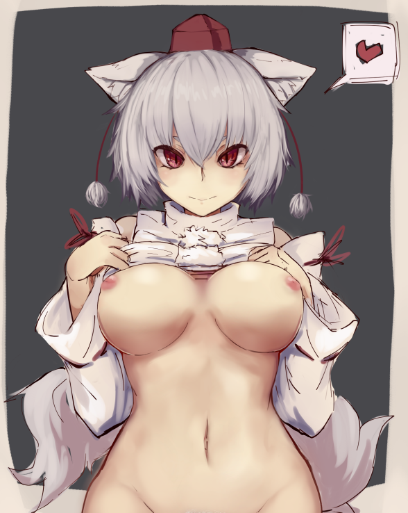 alder animal_ears bangs bottomless breasts breasts_apart closed_mouth commentary_request cowboy_shot detached_sleeves grey_background hands_up hat heart inubashiri_momiji large_breasts lifted_by_self looking_at_viewer navel nipples out-of-frame_censoring pom_pom_(clothes) red_eyes red_hat ribbon-trimmed_sleeves ribbon_trim shirt shirt_lift short_hair silver_hair sketch slit_pupils smile solo spoken_heart tail tokin_hat touhou white_shirt wolf_ears wolf_tail
