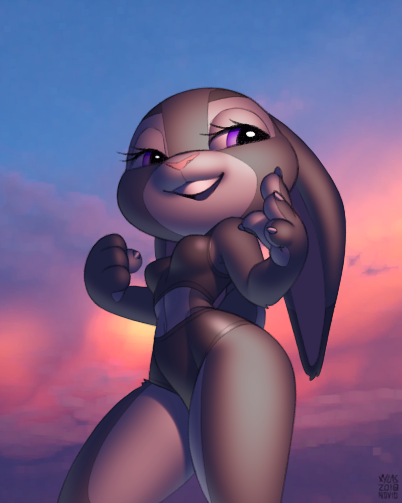 2018 4_fingers anthro big_ears big_eyes breasts buckteeth clothed clothing disney female front_view fully_clothed fur grey_fur half-closed_eyes judy_hopps lagomorph long_ears looking_back low-angle_view mammal midriff multicolored_fur open_mouth open_smile outside pink_nose purple_eyes rabbit small_breasts smile solo standing teeth two_tone_fur white_fur wide_hips xylas zootopia