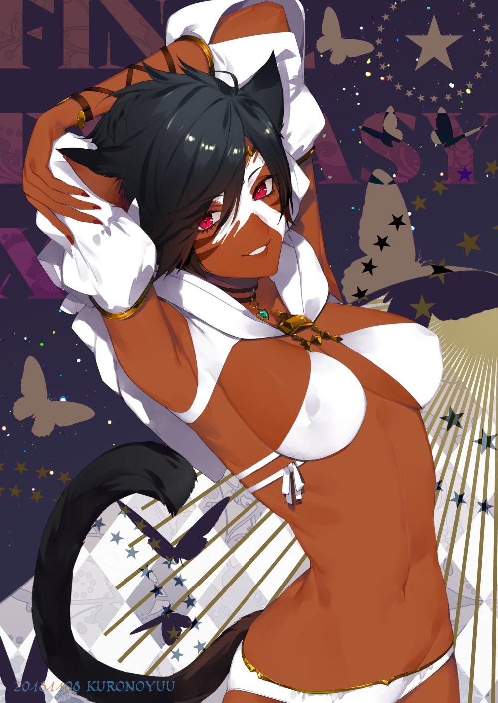 animal_ears arm_up armpits arms_behind_head artist_name bangs black_hair breasts bug butterfly cat_ears cat_tail commentary_request dark_skin facial_mark final_fantasy final_fantasy_xiv fingernails highres hood hood_down insect jewelry kurono_yuu lips looking_at_viewer medium_breasts miqo'te nail_polish navel necklace panties parted_lips purple_eyes shiny shiny_hair simple_background smile solo star starry_background tail underwear